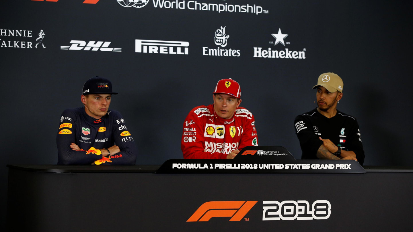 (L to R): Max Verstappen, Red Bull Racing, Kimi Raikkonen, Ferrari and Lewis Hamilton, Mercedes AMG