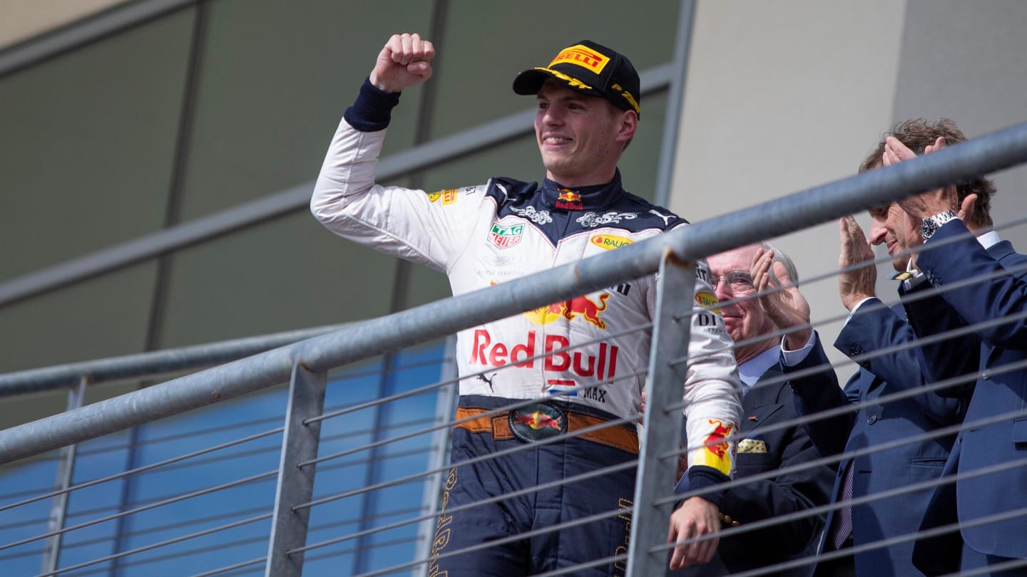 Max Verstappen, Red Bull Racing celebrates on the podium at Formula One World Championship, Rd18, United States Grand Prix, Race, Circuit of the Americas, Austin, Texas, USA, Sunday 21 October 2018.