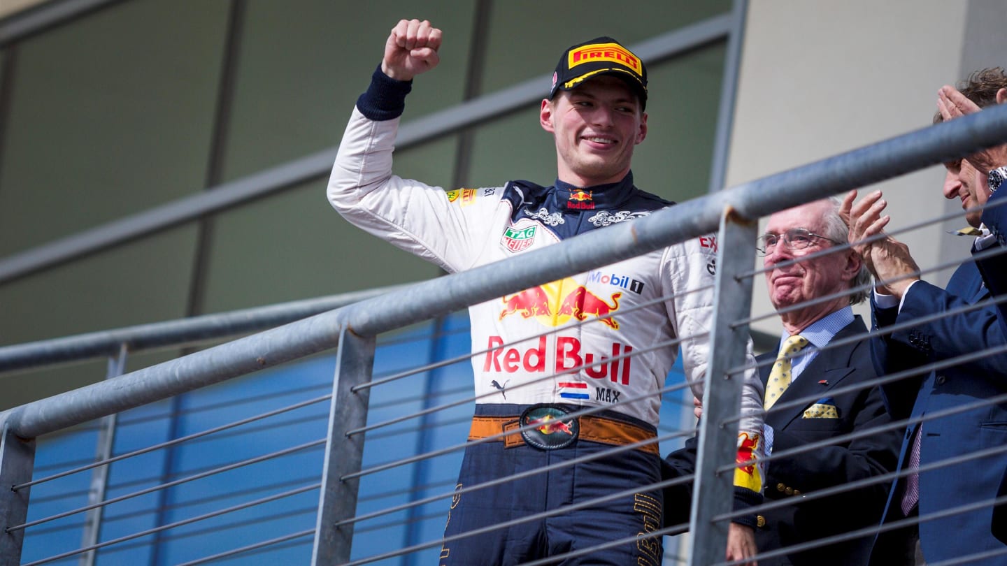Max Verstappen, Red Bull Racing celebrates on the podium at Formula One World Championship, Rd18,