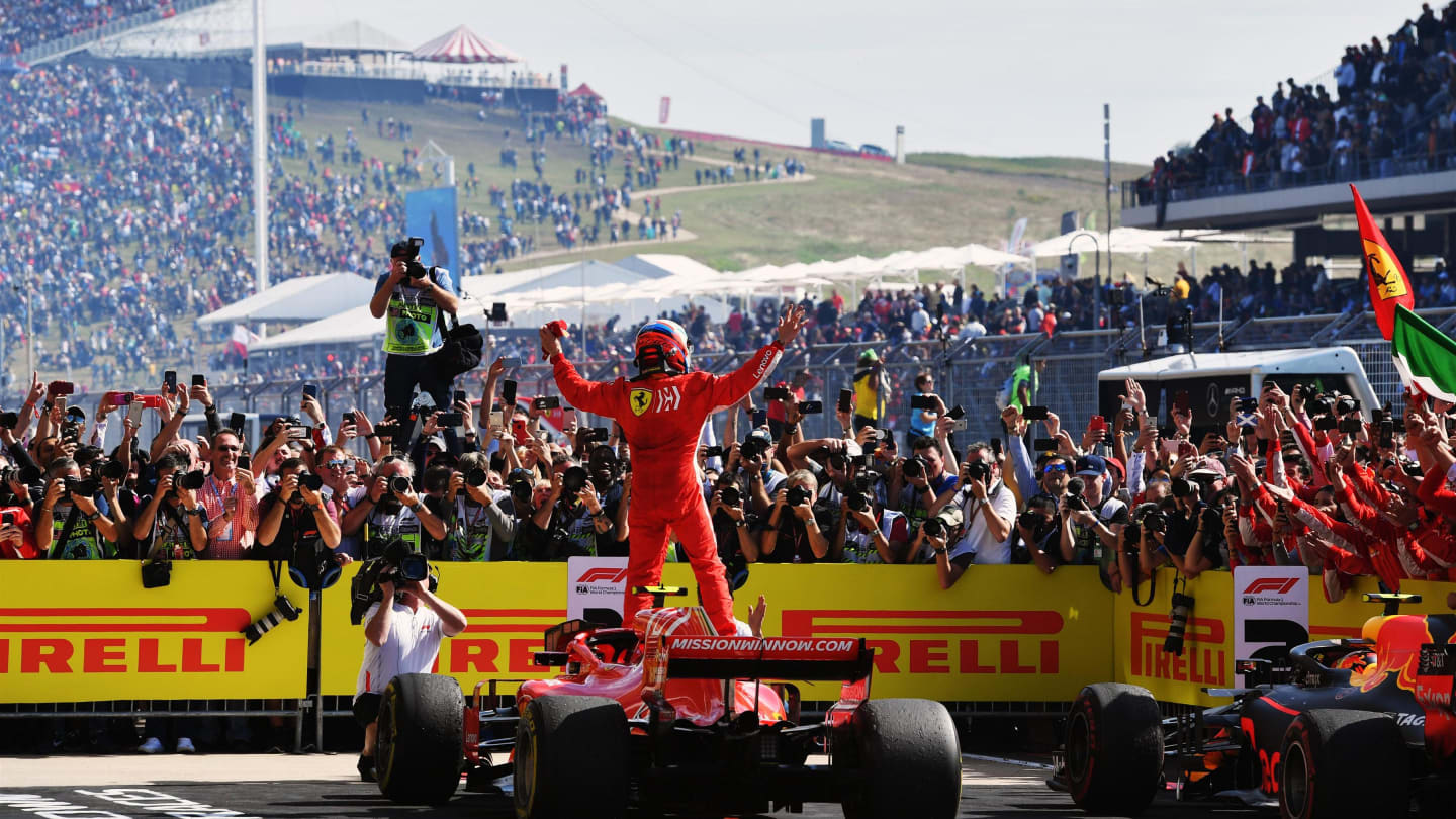 Kimi Raikkonen, Ferrari celebrates in parc ferme at Formula One World Championship, Rd18, United States Grand Prix, Race, Circuit of the Americas, Austin, Texas, USA, Sunday 21 October 2018.