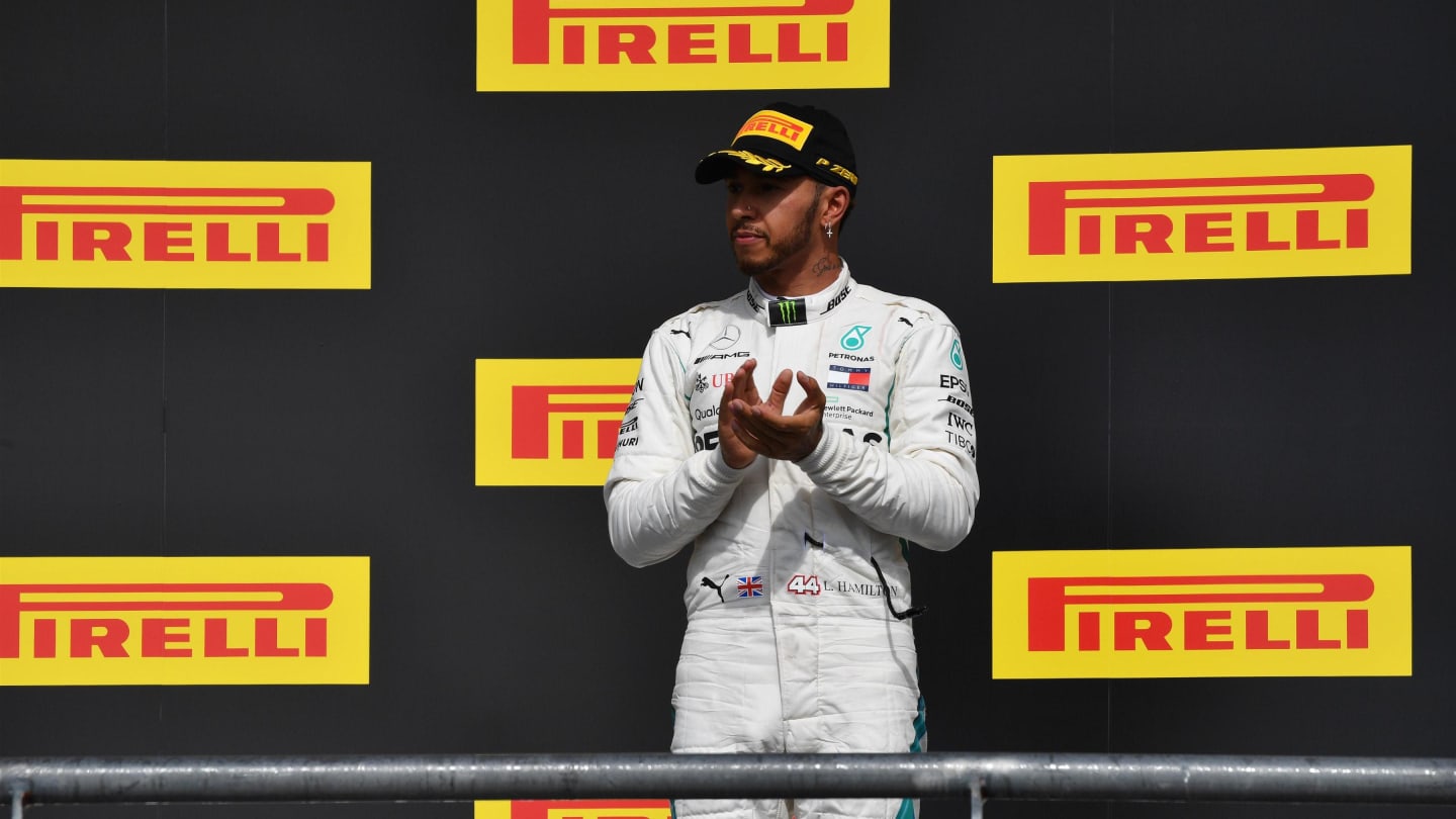 Lewis Hamilton, Mercedes AMG F1 celebrates on the podium at Formula One World Championship, Rd18, United States Grand Prix, Race, Circuit of the Americas, Austin, Texas, USA, Sunday 21 October 2018.