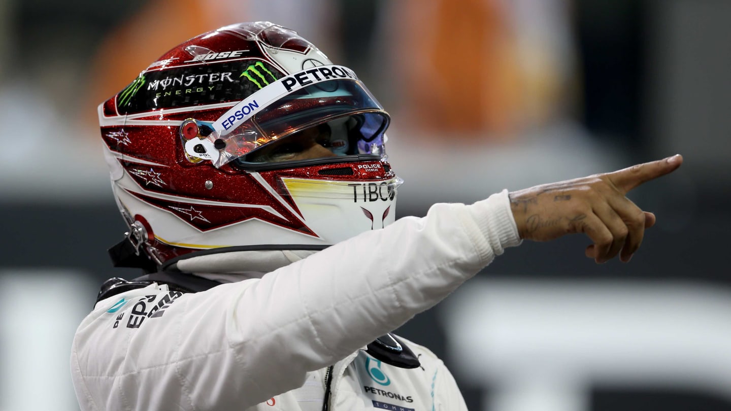 ABU DHABI, UNITED ARAB EMIRATES - NOVEMBER 30: Pole position qualifier Lewis Hamilton of Great Britain and Mercedes GP celebrates in parc ferme during qualifying for the F1 Grand Prix of Abu Dhabi at Yas Marina Circuit on November 30, 2019 in Abu Dhabi, United Arab Emirates. (Photo by Charles Coates/Getty Images)