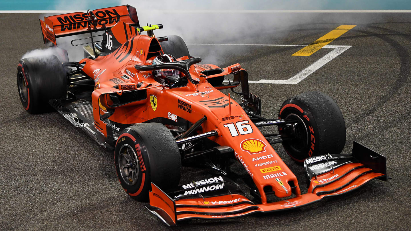 ABU DHABI, UNITED ARAB EMIRATES - DECEMBER 01: Third placed Charles Leclerc of Monaco driving the (16) Scuderia Ferrari SF90  celebrates with donuts during the F1 Grand Prix of Abu Dhabi at Yas Marina Circuit on December 01, 2019 in Abu Dhabi, United Arab Emirates. (Photo by Clive Mason/Getty Images)