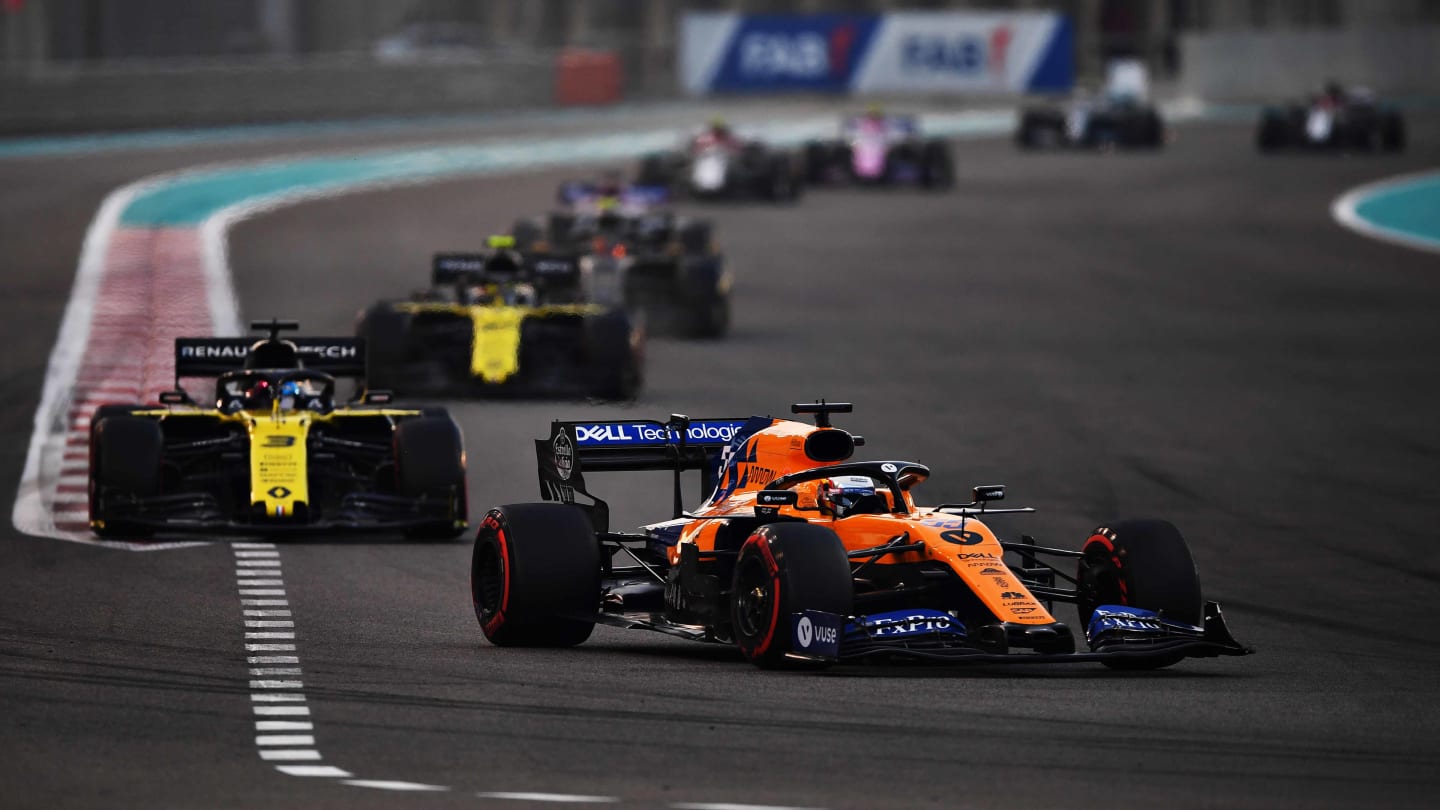 ABU DHABI, UNITED ARAB EMIRATES - DECEMBER 01: Carlos Sainz of Spain driving the (55) McLaren F1 Team MCL34 Renault leads Daniel Ricciardo of Australia driving the (3) Renault Sport Formula One Team RS19 on track during the F1 Grand Prix of Abu Dhabi at Yas Marina Circuit on December 01, 2019 in Abu Dhabi, United Arab Emirates. (Photo by Clive Mason/Getty Images)