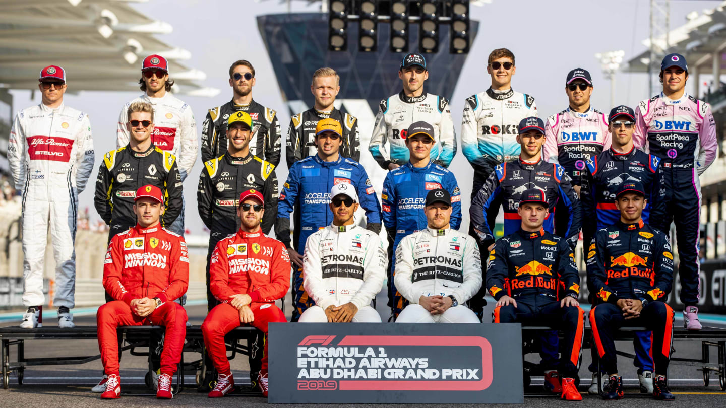 ABU DHABI, UNITED ARAB EMIRATES - DECEMBER 01: The F1 Drivers Class of 2019 photo is taken on track