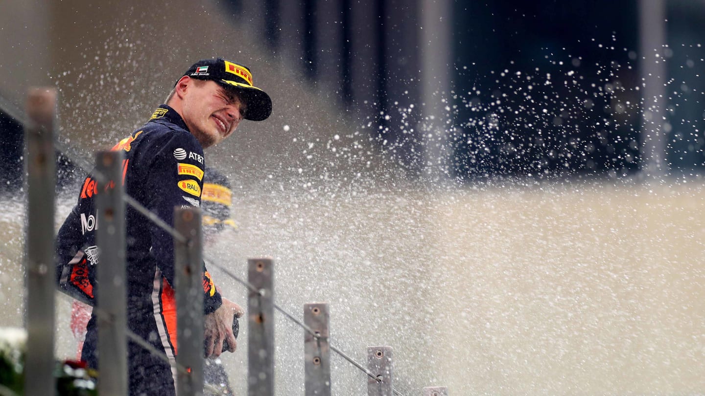 ABU DHABI, UNITED ARAB EMIRATES - DECEMBER 01: Second placed Max Verstappen of Netherlands and Red Bull Racing celebrates on the podium during the F1 Grand Prix of Abu Dhabi at Yas Marina Circuit on December 01, 2019 in Abu Dhabi, United Arab Emirates. (Photo by Mark Thompson/Getty Images)