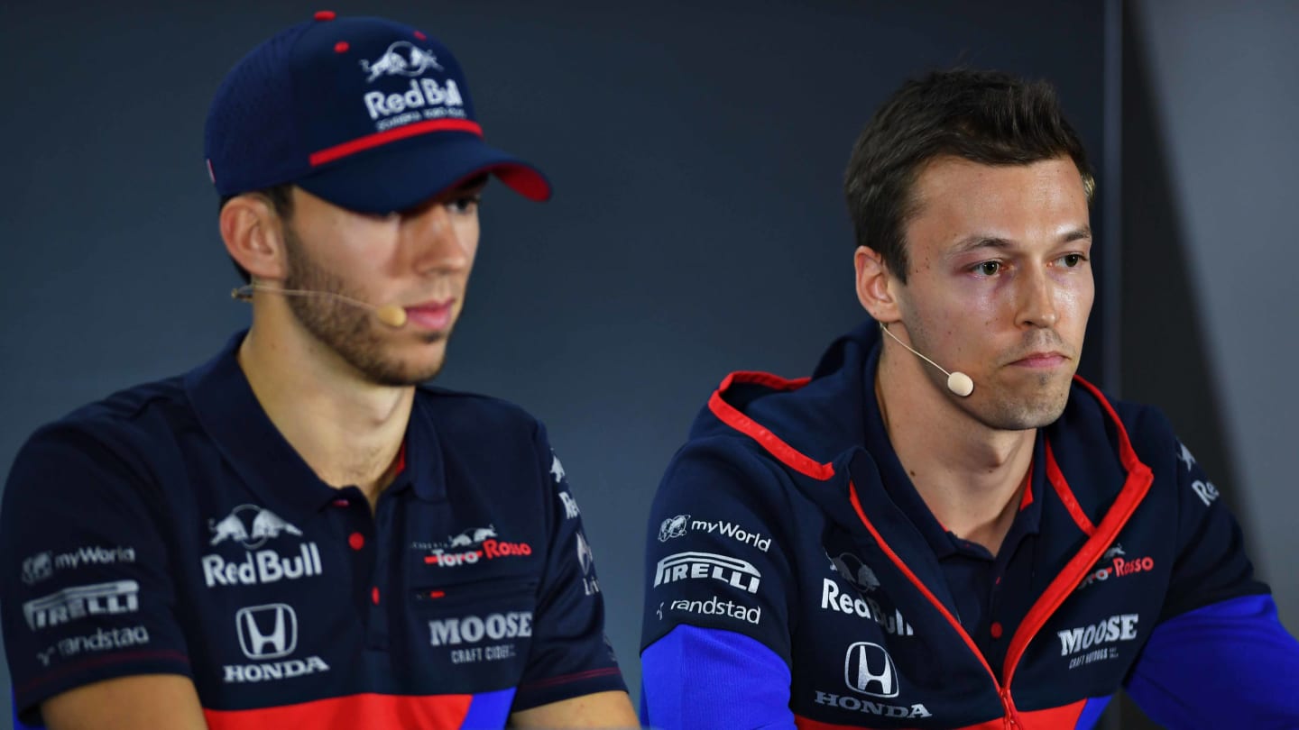 ABU DHABI, UNITED ARAB EMIRATES - NOVEMBER 28: Daniil Kvyat of Russia and Scuderia Toro Rosso and Pierre Gasly of France and Scuderia Toro Rosso look on in the Drivers Press Conference during previews ahead of the F1 Grand Prix of Abu Dhabi at Yas Marina Circuit on November 28, 2019 in Abu Dhabi, United Arab Emirates. (Photo by Clive Mason/Getty Images)