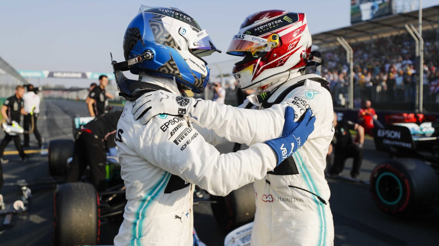 MELBOURNE GRAND PRIX CIRCUIT, AUSTRALIA - MARCH 16: Pole Sitter Lewis Hamilton, Mercedes AMG F1 and Valtteri Bottas, Mercedes AMG F1 in Parc Ferme during the Australian GP at Melbourne Grand Prix Circuit on March 16, 2019 in Melbourne Grand Prix Circuit, Australia. (Photo by Steven Tee / LAT Images)