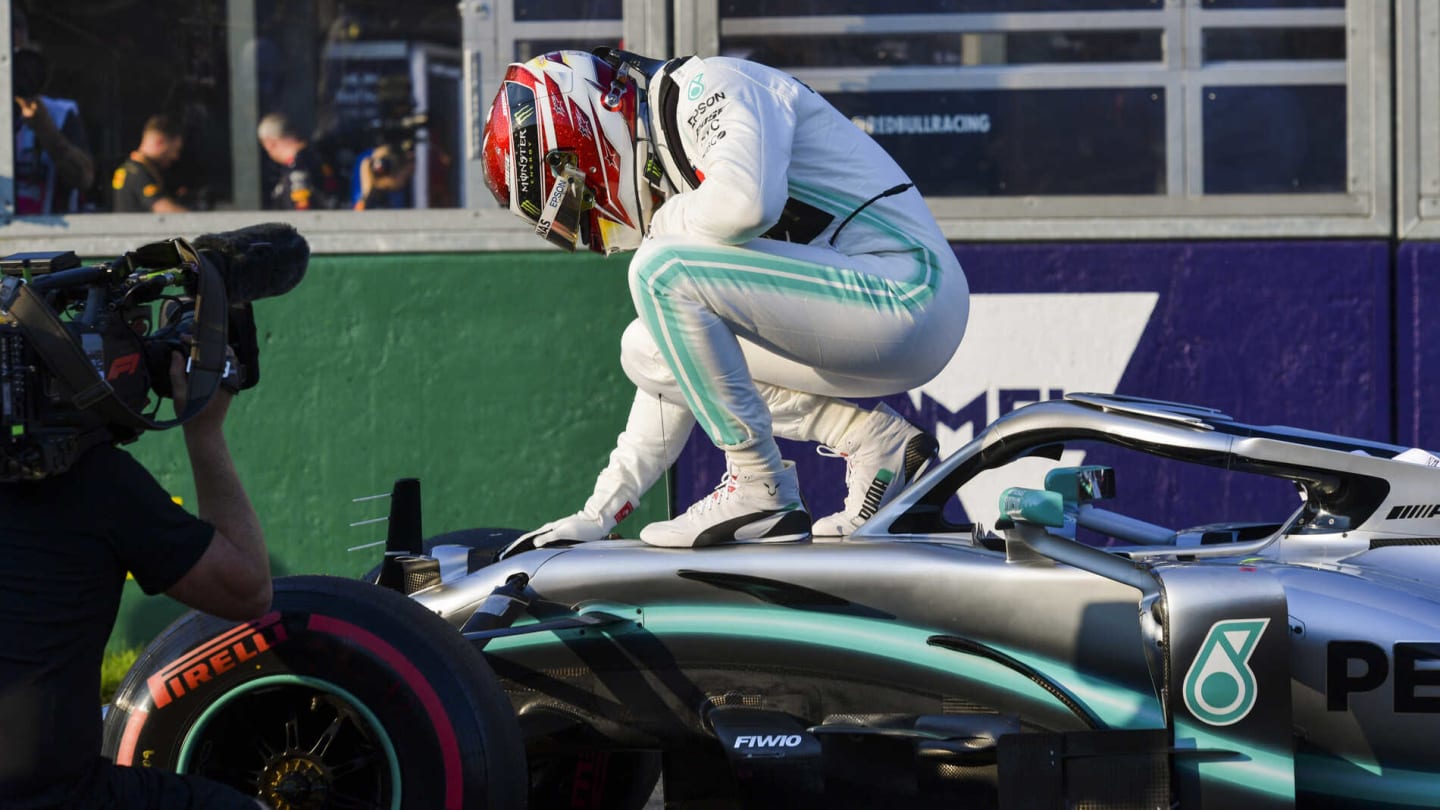 MELBOURNE GRAND PRIX CIRCUIT, AUSTRALIA - MARCH 16: Pole Sitter Lewis Hamilton, Mercedes AMG F1 celebrates in Parc Ferme during the Australian GP at Melbourne Grand Prix Circuit on March 16, 2019 in Melbourne Grand Prix Circuit, Australia. (Photo by Jerry Andre)