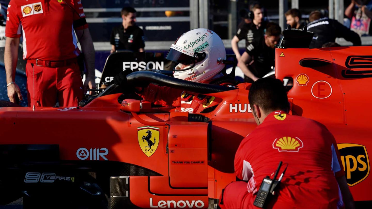 MELBOURNE GRAND PRIX CIRCUIT, AUSTRALIA - MARCH 16: Sebastian Vettel, Ferrari, parks up after