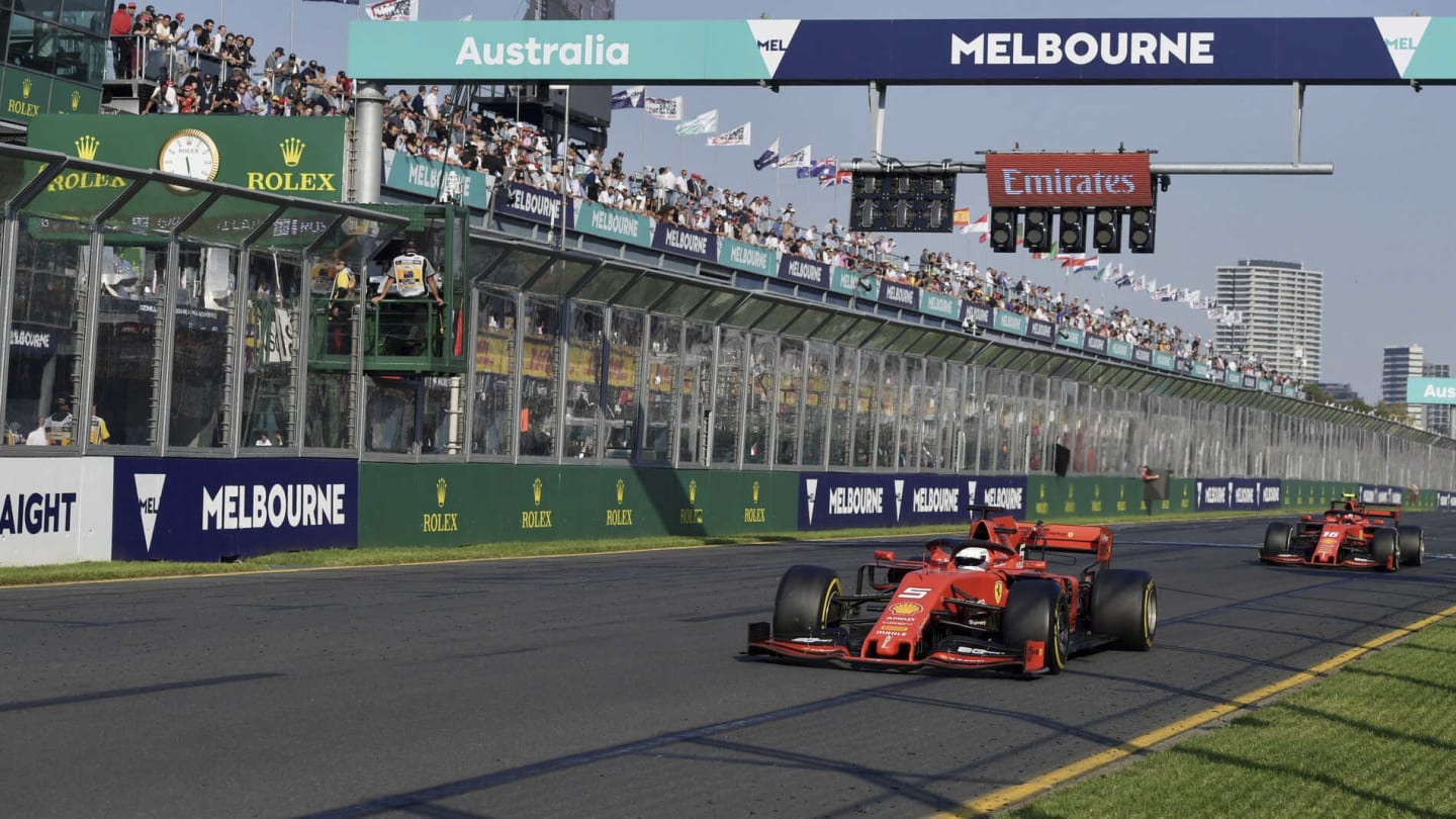 MELBOURNE GRAND PRIX CIRCUIT, AUSTRALIA - MARCH 17: Sebastian Vettel, Ferrari SF90, leads Charles
