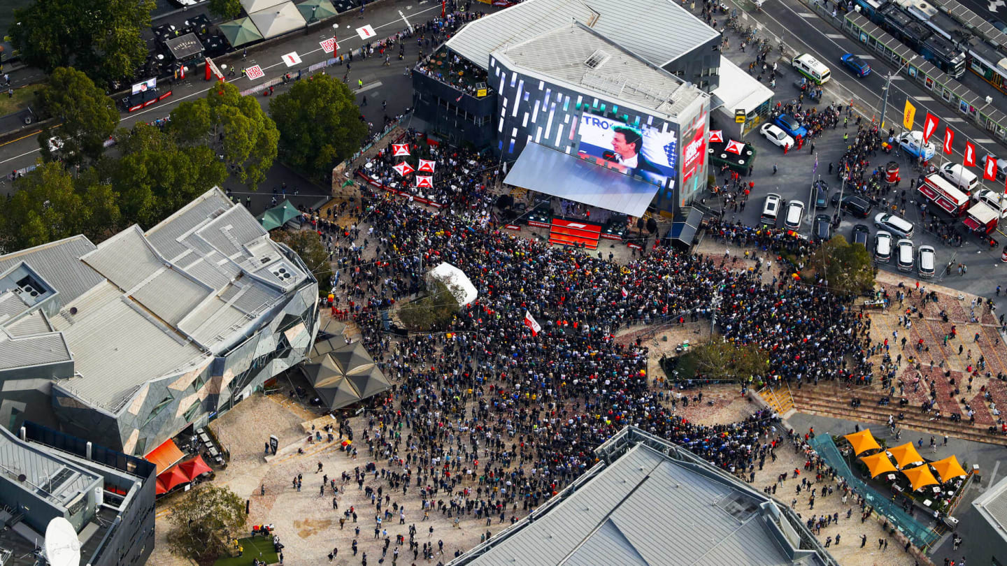 MELBOURNE GRAND PRIX CIRCUIT, AUSTRALIA - MARCH 13: Aerial view of the Federation Square event in