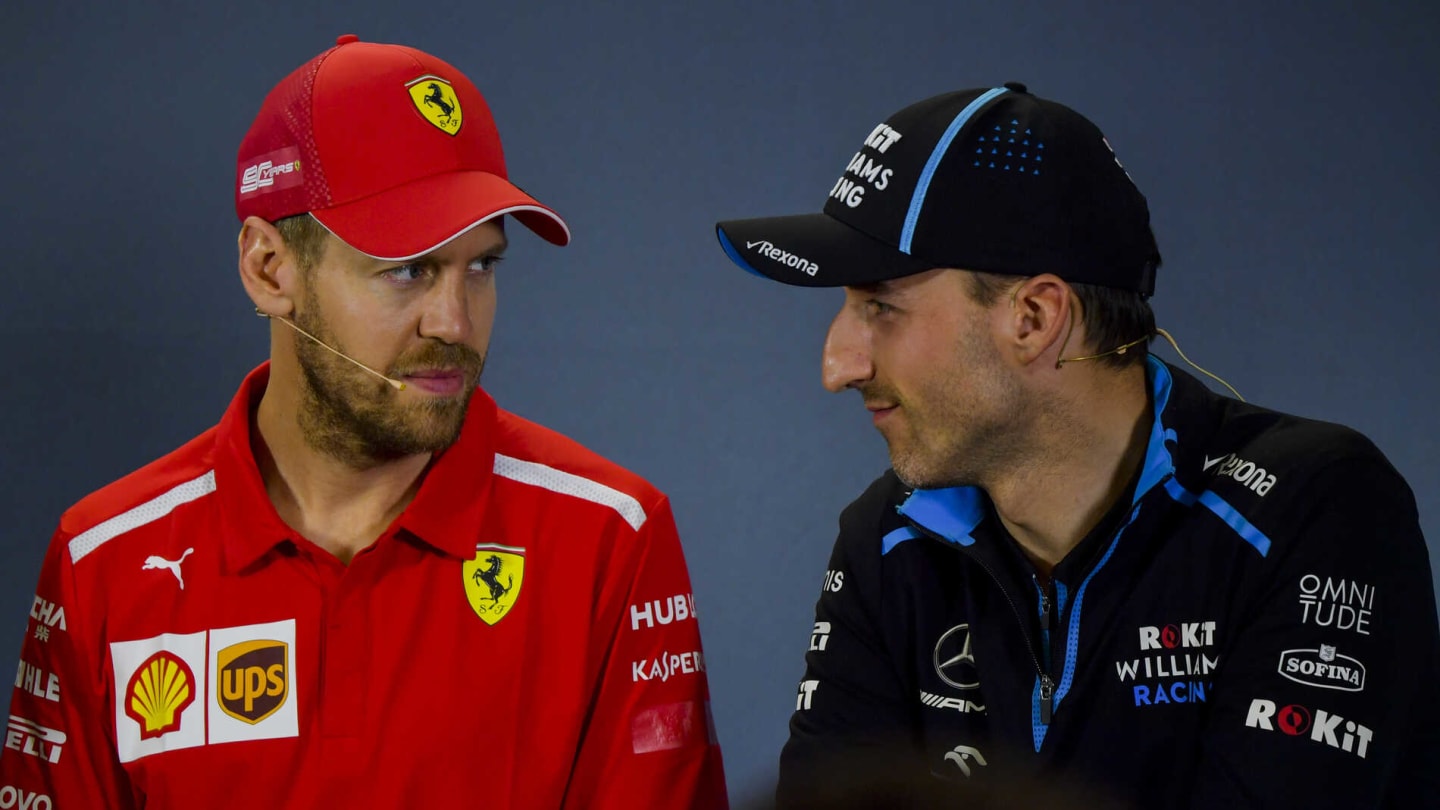 MELBOURNE GRAND PRIX CIRCUIT, AUSTRALIA - MARCH 14: Sebastian Vettel, Ferrari and Robert Kubica, Williams Racing in Press Conference during the Australian GP at Melbourne Grand Prix Circuit on March 14, 2019 in Melbourne Grand Prix Circuit, Australia. (Photo by Jerry Andre / Sutton Images)