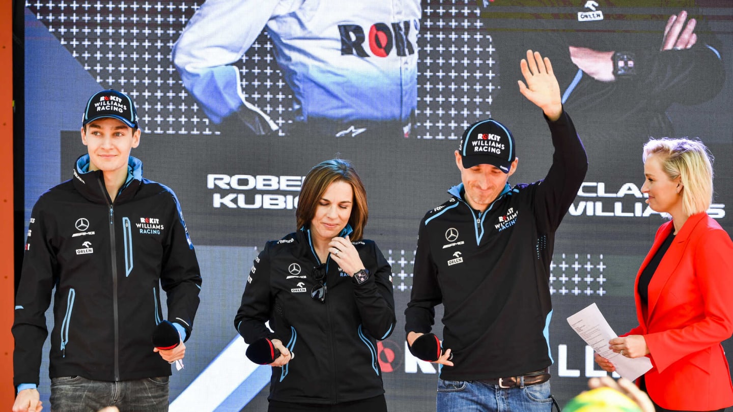 MELBOURNE GRAND PRIX CIRCUIT, AUSTRALIA - MARCH 13: George Russell, Williams, Claire Williams, Deputy Team Principal, Williams Racing and Robert Kubica, Williams Racing at the Federation Square event during the Australian GP at Melbourne Grand Prix Circuit on March 13, 2019 in Melbourne Grand Prix Circuit, Australia. (Photo by Mark Sutton / Sutton Images)