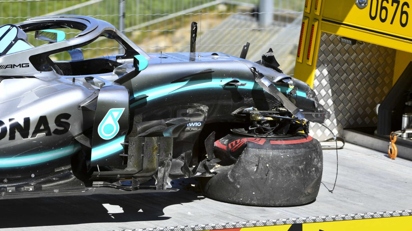 RED BULL RING, AUSTRIA - JUNE 28: The damaged car of Valtteri Bottas, Mercedes AMG W10, on a flat bed truck after his crash at turn 6 during the Austrian GP at Red Bull Ring on June 28, 2019 in Red Bull Ring, Austria. (Photo by Mark Sutton / Sutton Images)