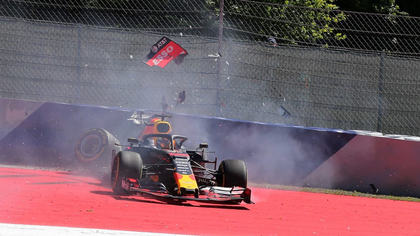RED BULL RING, AUSTRIA - JUNE 28: Max Verstappen, Red Bull Racing RB15, crashes during the Austrian GP at Red Bull Ring on June 28, 2019 in Red Bull Ring, Austria. (Photo by Hasan Bratic / Sutton Images)