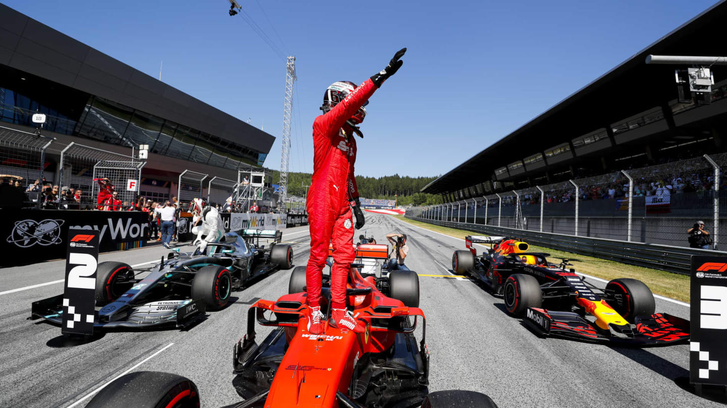 RED BULL RING, AUSTRIA - JUNE 29: Pole Sitter Charles Leclerc, Ferrari celebrates in Parc Ferme