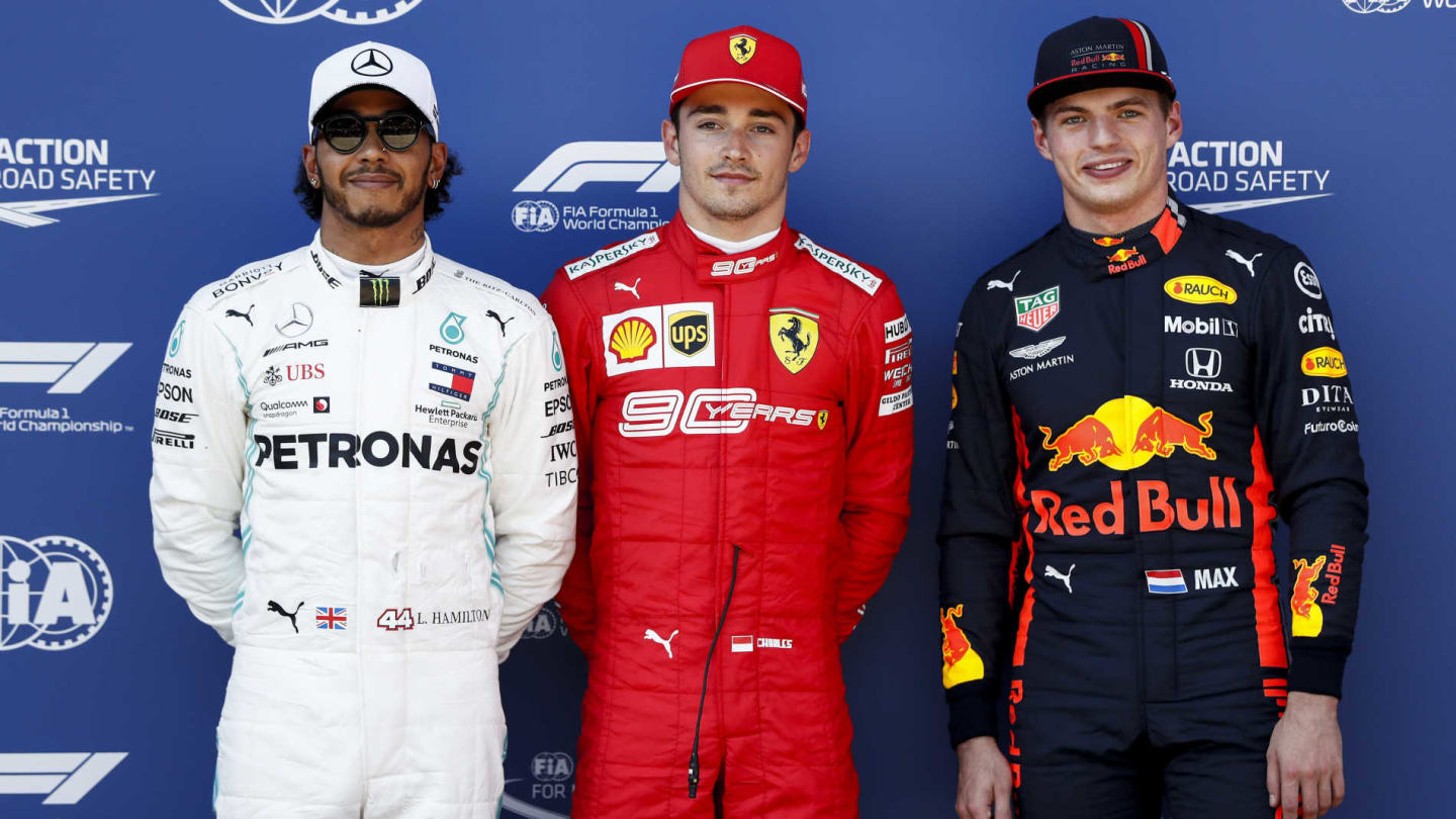 RED BULL RING, AUSTRIA - JUNE 29: Lewis Hamilton, Mercedes AMG F1, Pole Sitter Charles Leclerc, Ferrari and Max Verstappen, Red Bull Racing in Parc Ferme during the Austrian GP at Red Bull Ring on June 29, 2019 in Red Bull Ring, Austria. (Photo by Glenn Dunbar / LAT Images)