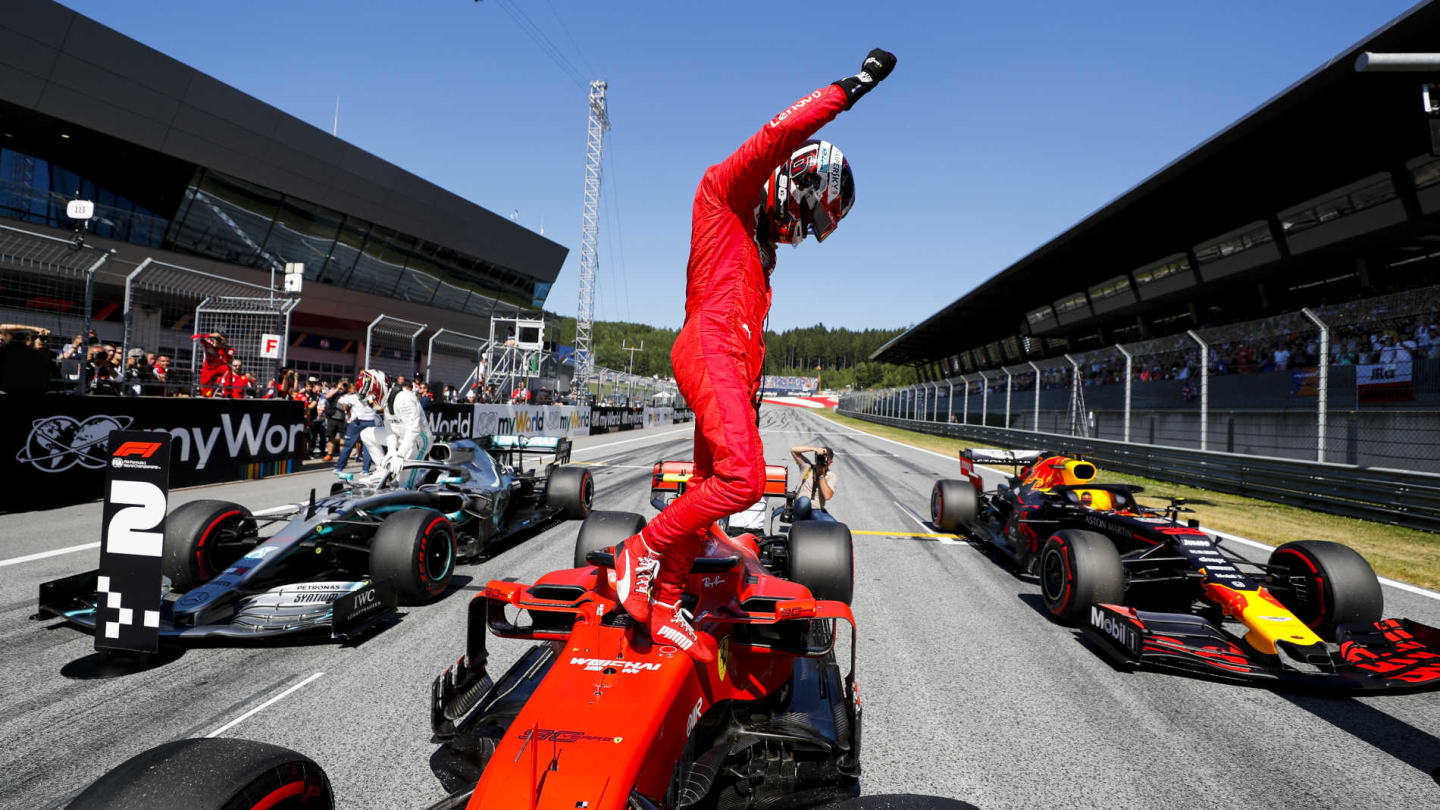 RED BULL RING, AUSTRIA - JUNE 29: Charles Leclerc, Ferrari, celebrates pole on the grid during the Austrian GP at Red Bull Ring on June 29, 2019 in Red Bull Ring, Austria. (Photo by Steven Tee / LAT Images)