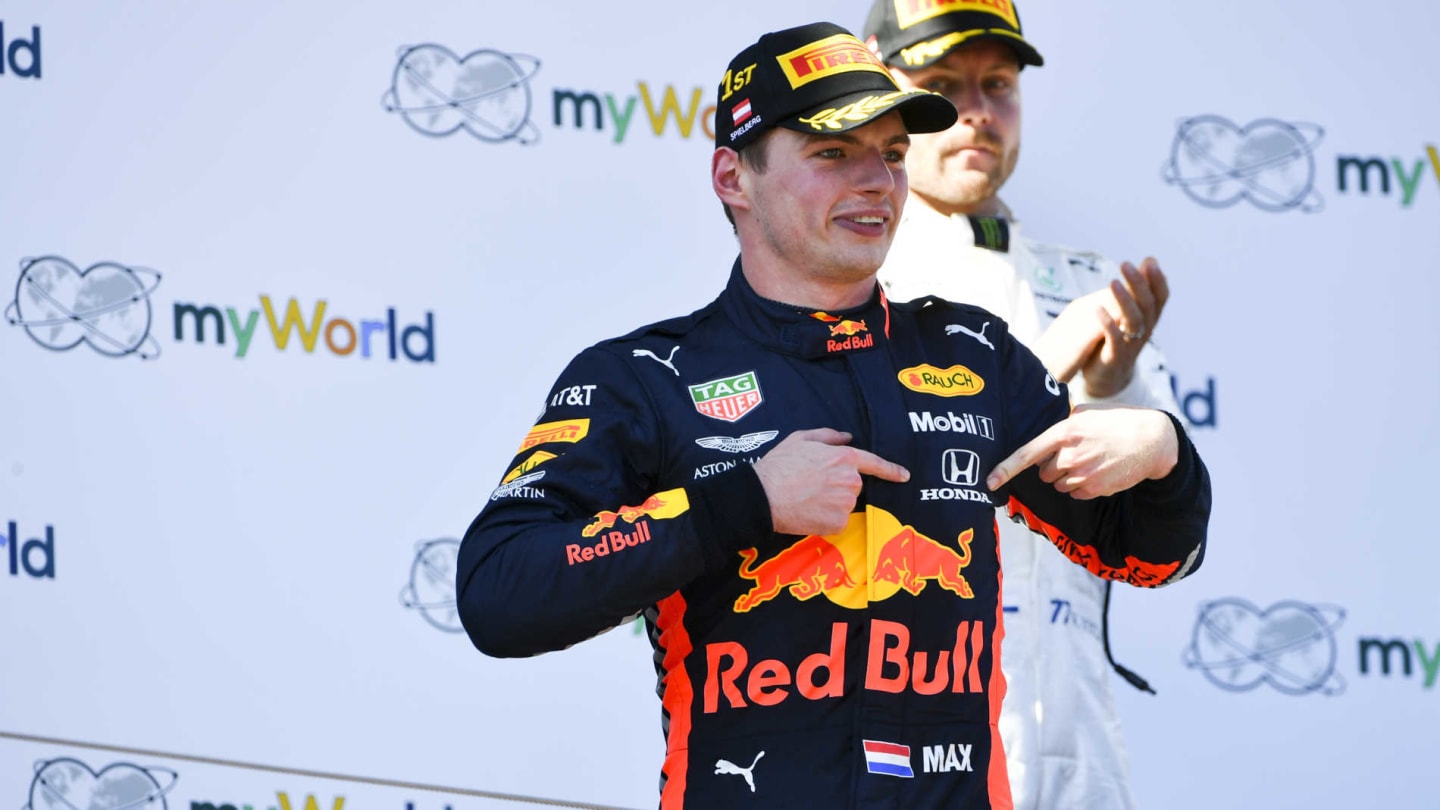 RED BULL RING, AUSTRIA - JUNE 30: Max Verstappen, Red Bull Racing, 1st position, points to his