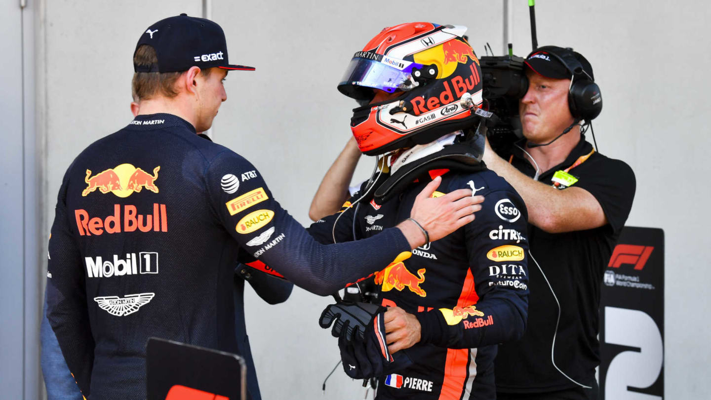 RED BULL RING, AUSTRIA - JUNE 30: Pierre Gasly, Red Bull Racing, congratulates team mate Max