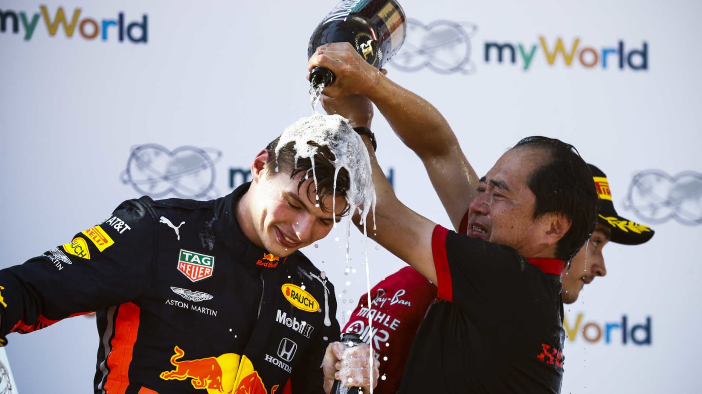 RED BULL RING, AUSTRIA - JUNE 30: Toyoharu Tanabe, F1 Technical Director, Honda, pours Champagne