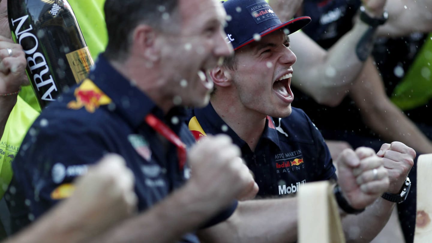 RED BULL RING, AUSTRIA - JUNE 30: Christian Horner and Max Verstappen, Red Bull Racing celebrate