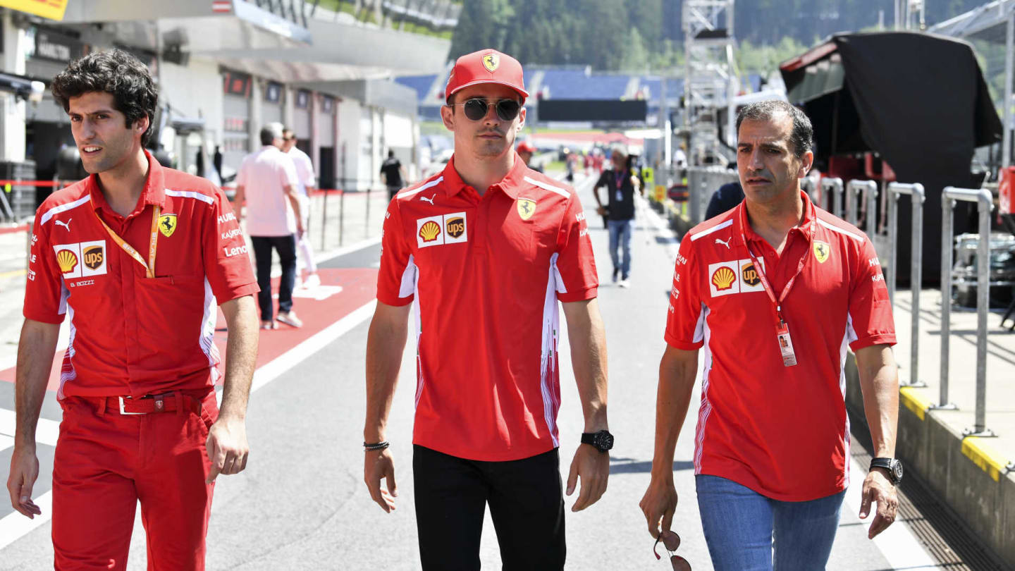 RED BULL RING, AUSTRIA - JUNE 27: Charles Leclerc, Ferrari in the pit lane with Marc Gene during