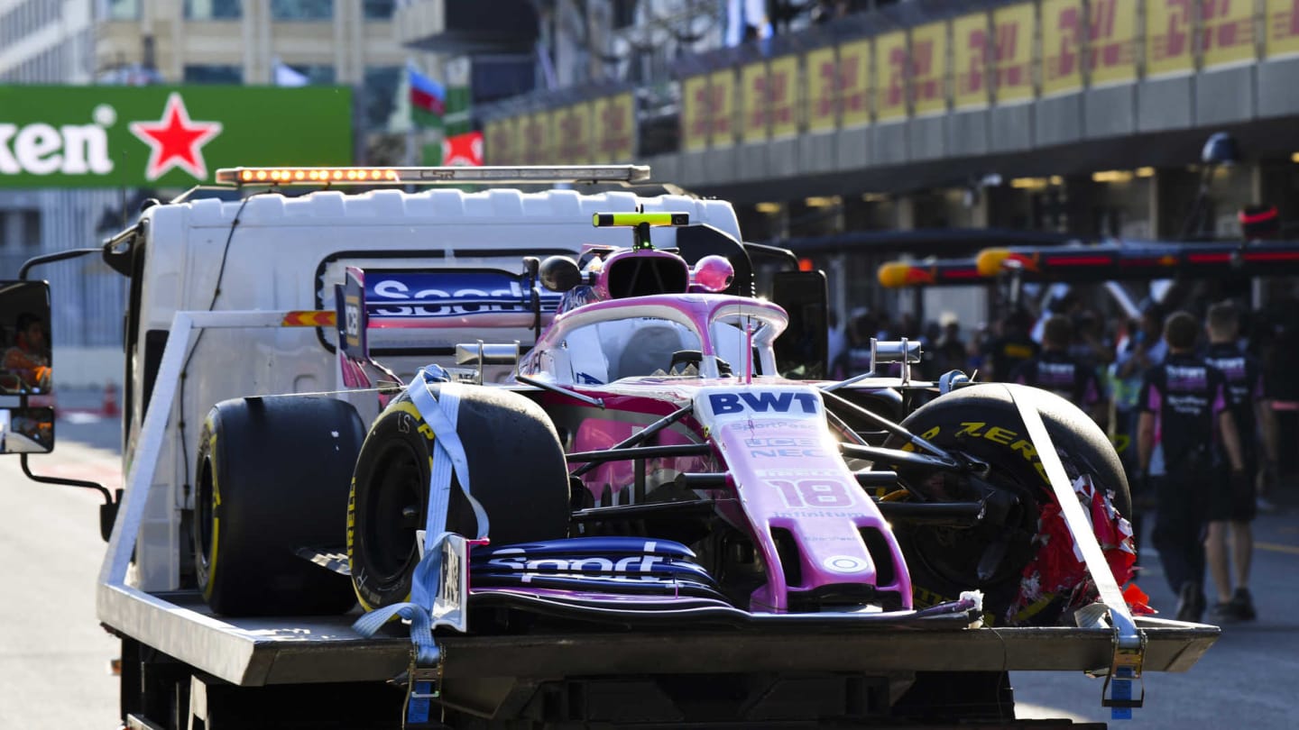 BAKU CITY CIRCUIT, AZERBAIJAN - APRIL 26: Car of Lance Stroll, Racing Point RP19 retuned to the pit lane on a low loader during the Azerbaijan GP at Baku City Circuit on April 26, 2019 in Baku City Circuit, Azerbaijan. (Photo by Mark Sutton / Sutton Images)