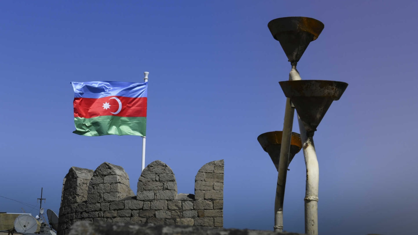 BAKU CITY CIRCUIT, AZERBAIJAN - APRIL 27: The Azerbaijan flag flies from ramparts during the