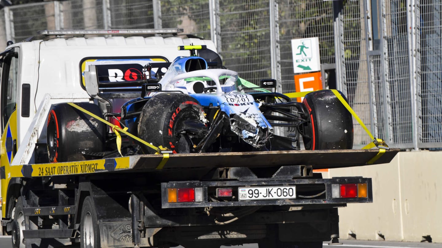 BAKU CITY CIRCUIT, AZERBAIJAN - APRIL 27: The crashed car of Robert Kubica, Williams FW42 on the back of a low loader during the Azerbaijan GP at Baku City Circuit on April 27, 2019 in Baku City Circuit, Azerbaijan. (Photo by Jerry Andre / Sutton Images)
