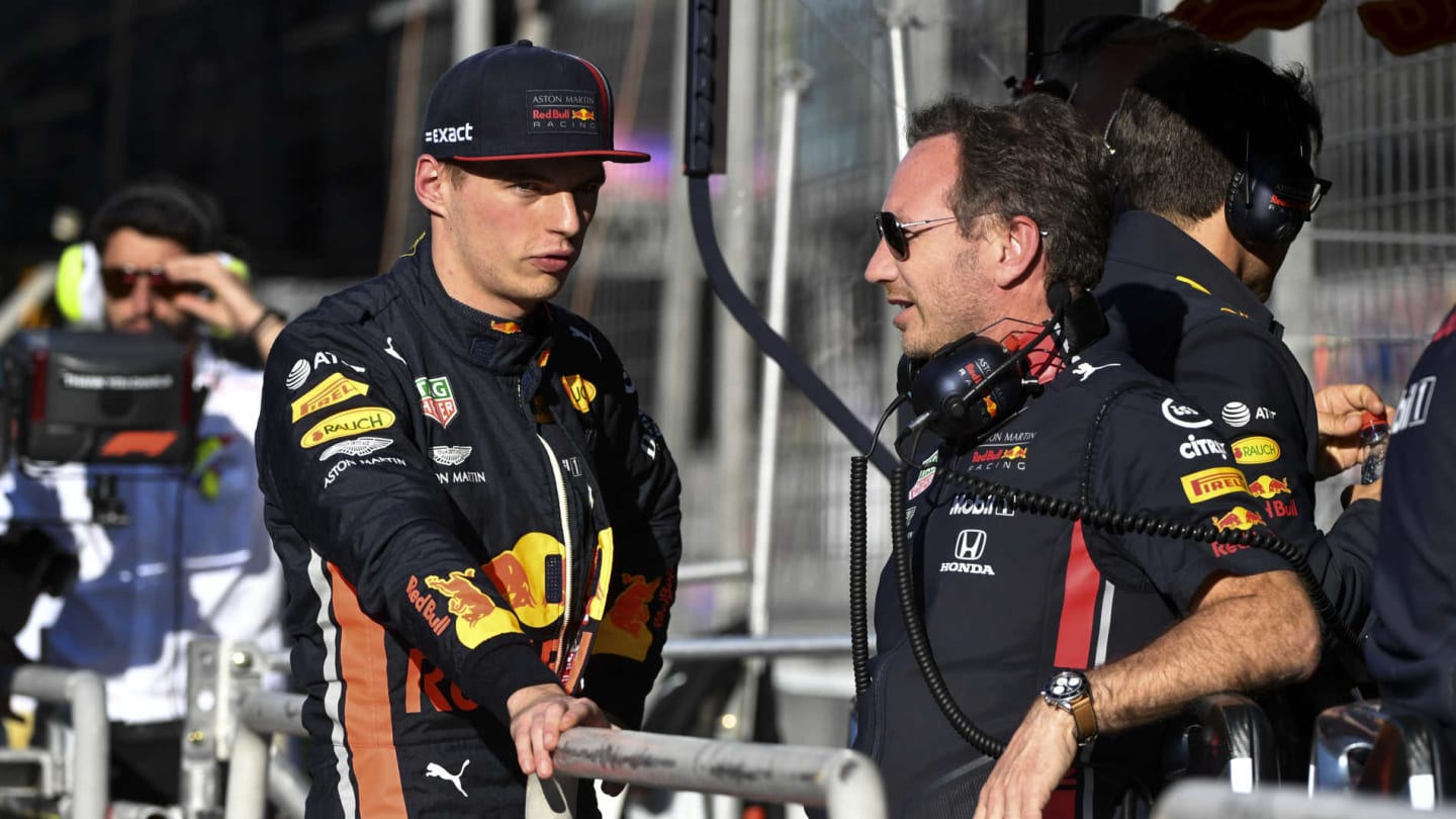 BAKU CITY CIRCUIT, AZERBAIJAN - APRIL 27: Max Verstappen, Red Bull Racing, talks with Christian