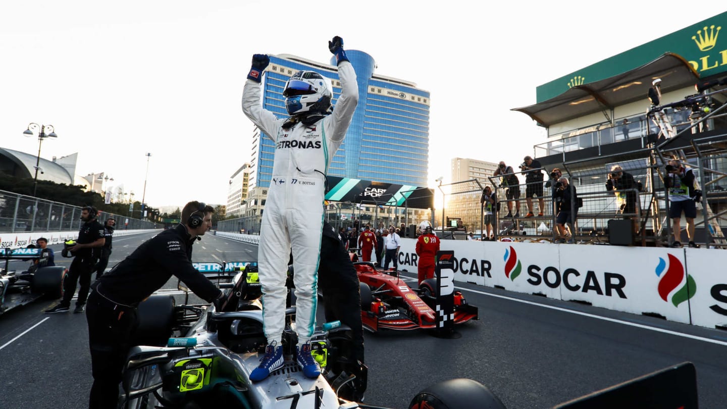 BAKU CITY CIRCUIT, AZERBAIJAN - APRIL 27: Pole Sitter Valtteri Bottas, Mercedes AMG F1 celebrates