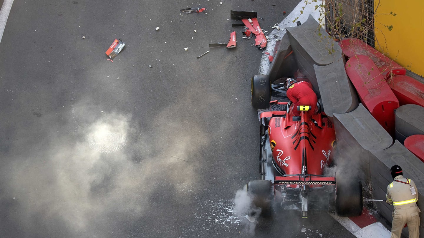 BAKU CITY CIRCUIT, AZERBAIJAN - APRIL 27: Charles Leclerc, Ferrari SF90, climbs out of his damaged