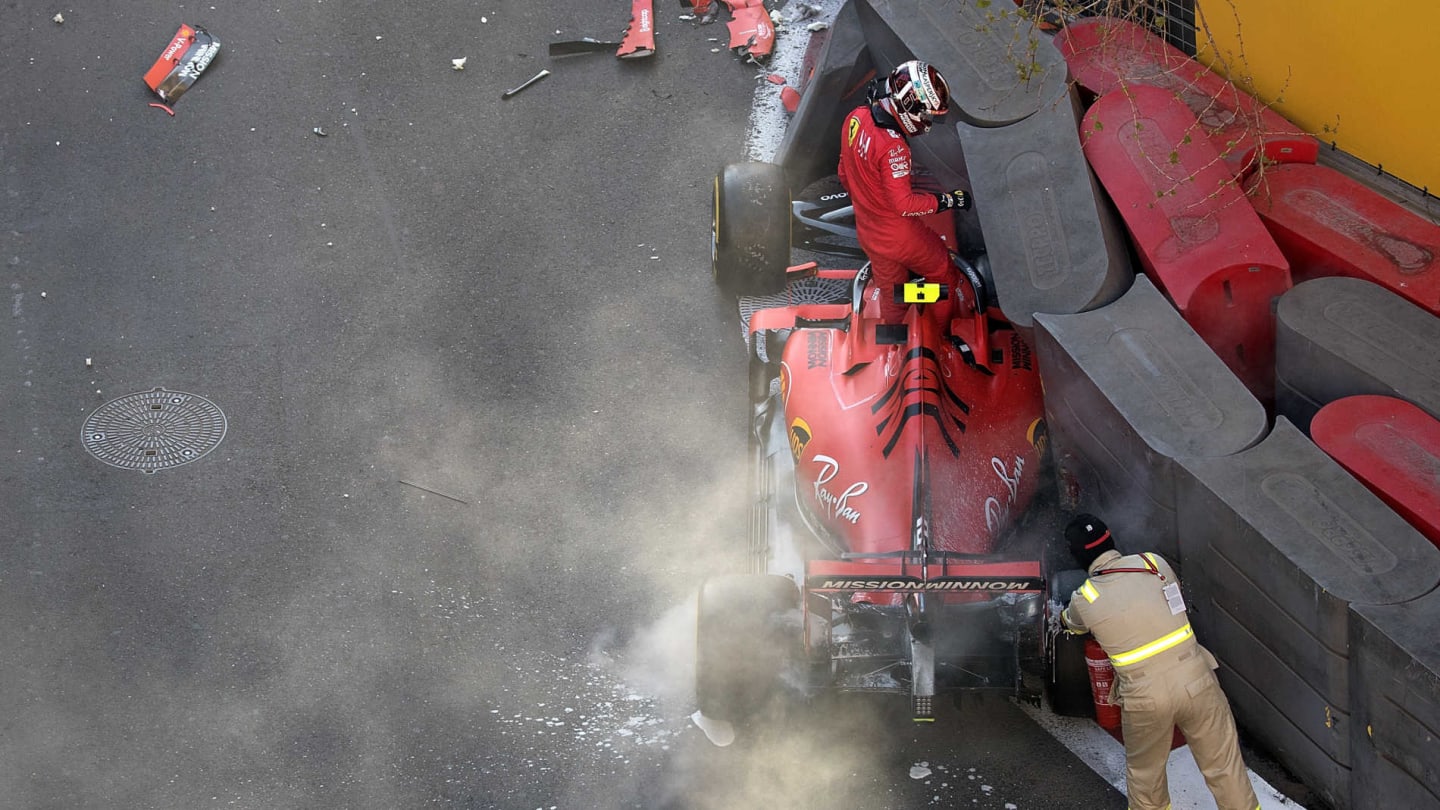 BAKU CITY CIRCUIT, AZERBAIJAN - APRIL 27: Charles Leclerc, Ferrari SF90, crashes in qualifying