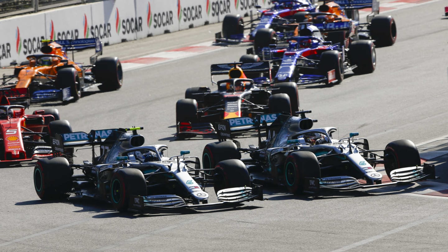 BAKU CITY CIRCUIT, AZERBAIJAN - APRIL 28: Valtteri Bottas, Mercedes AMG W10 and Lewis Hamilton,