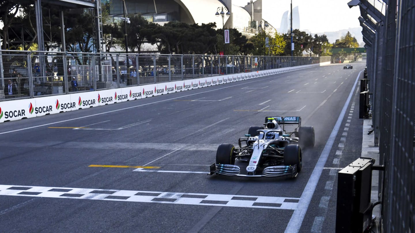 BAKU CITY CIRCUIT, AZERBAIJAN - APRIL 28: Race Winner Valtteri Bottas, Mercedes AMG F1 crosses the