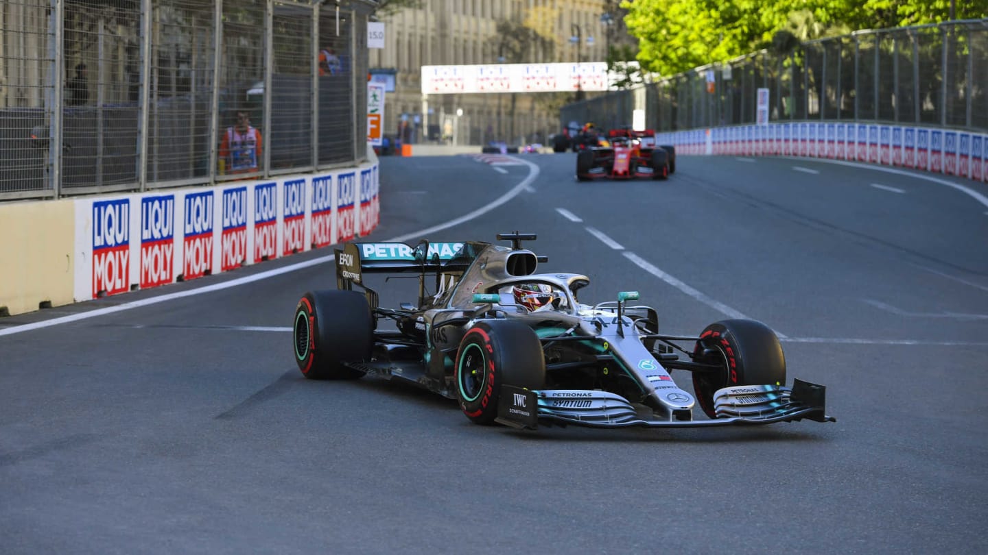 BAKU CITY CIRCUIT, AZERBAIJAN - APRIL 28: Lewis Hamilton, Mercedes AMG F1 W10, leads Sebastian
