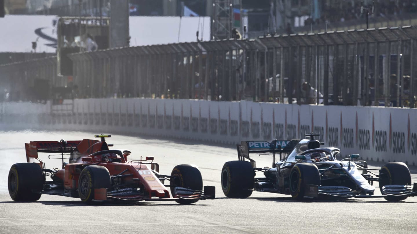 BAKU CITY CIRCUIT, AZERBAIJAN - APRIL 28: Lewis Hamilton, Mercedes AMG F1 W10,battles withCharles