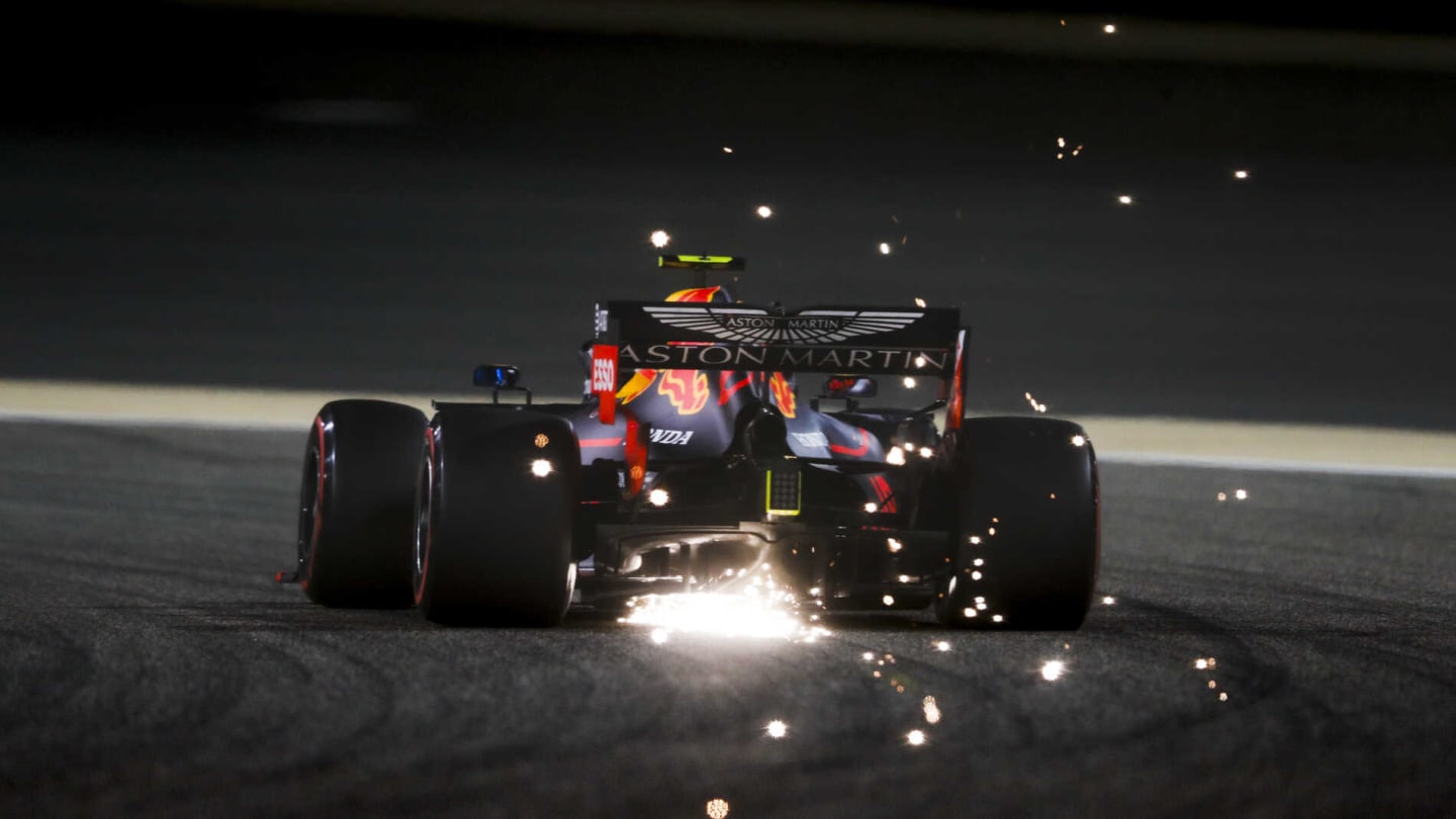 BAHRAIN INTERNATIONAL CIRCUIT, BAHRAIN - MARCH 30: Sparks fly from the rear of Pierre Gasly, Red
