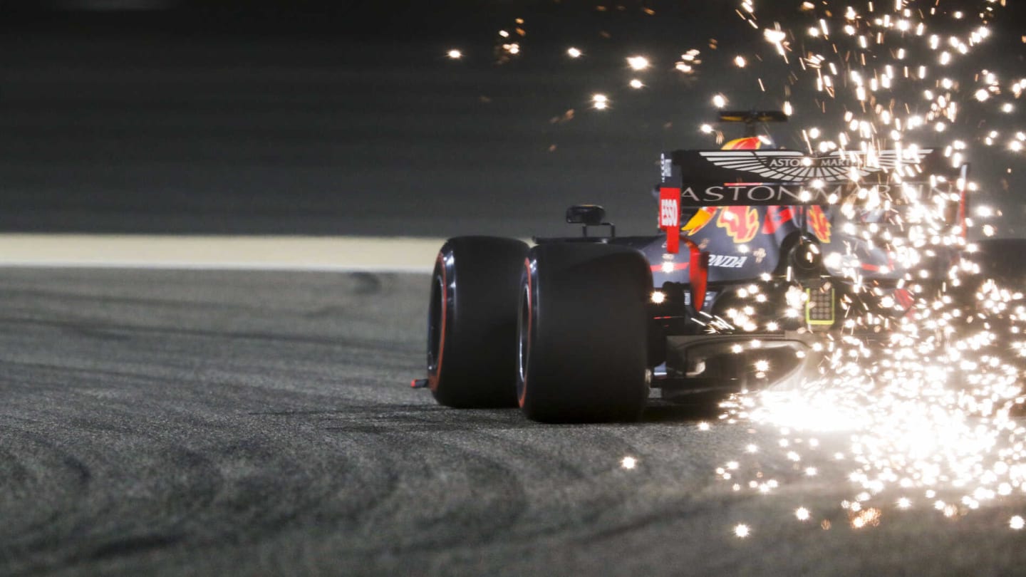BAHRAIN INTERNATIONAL CIRCUIT, BAHRAIN - MARCH 30: Sparks fly from the rear of Max Verstappen, Red