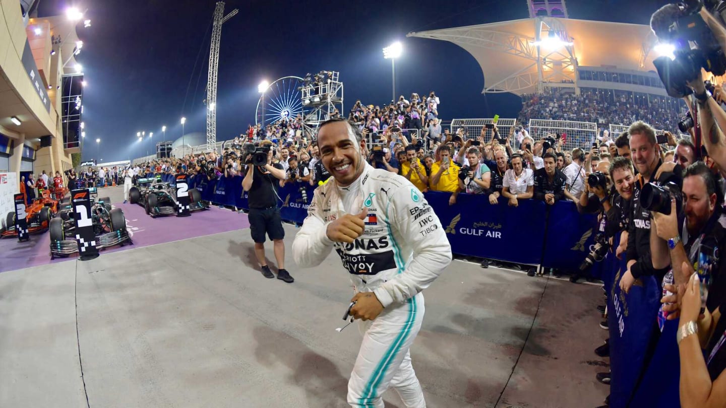 BAHRAIN INTERNATIONAL CIRCUIT, BAHRAIN - MARCH 31: Lewis Hamilton, Mercedes AMG F1, 1st position, celebrates in Parc Ferme with his team during the Bahrain GP at Bahrain International Circuit on March 31, 2019 in Bahrain International Circuit, Bahrain. (Photo by Jerry Andre / Sutton Images)