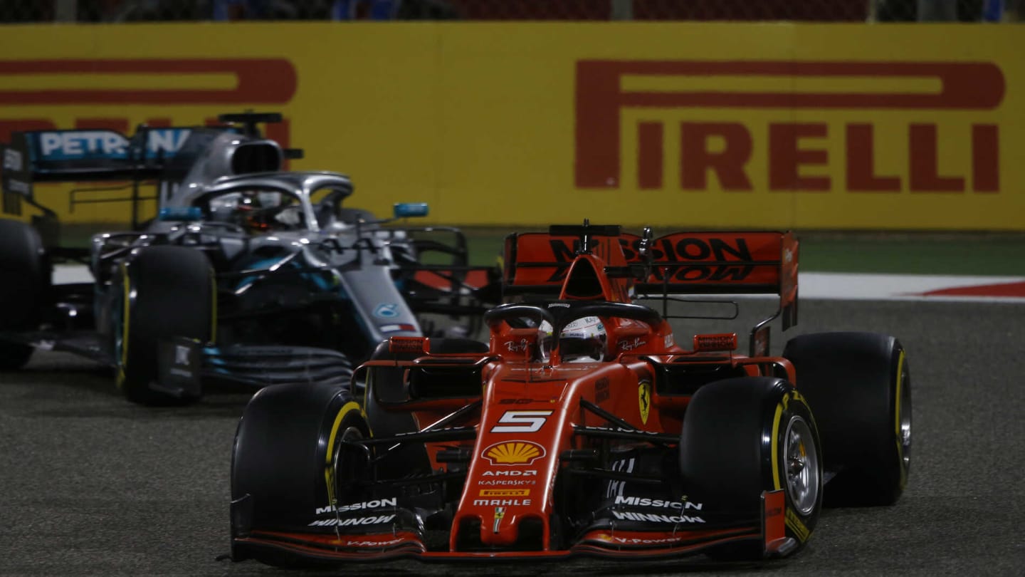 BAHRAIN INTERNATIONAL CIRCUIT, BAHRAIN - MARCH 31: Sebastian Vettel, Ferrari SF90, leads Lewis