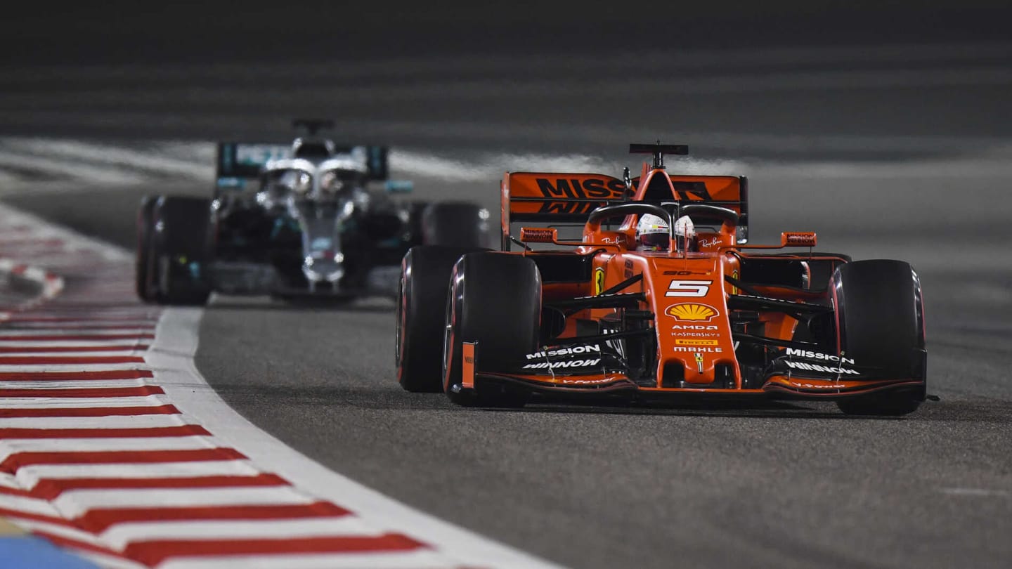 BAHRAIN INTERNATIONAL CIRCUIT, BAHRAIN - MARCH 31: Sebastian Vettel, Ferrari SF90, leads Lewis