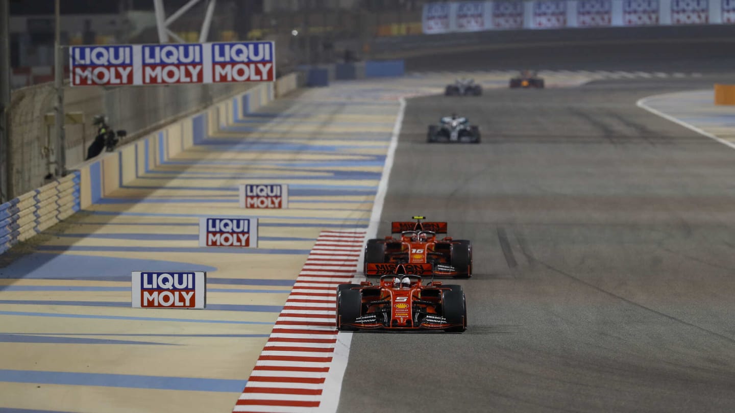 BAHRAIN INTERNATIONAL CIRCUIT, BAHRAIN - MARCH 31: Sebastian Vettel, Ferrari SF90, leads Charles