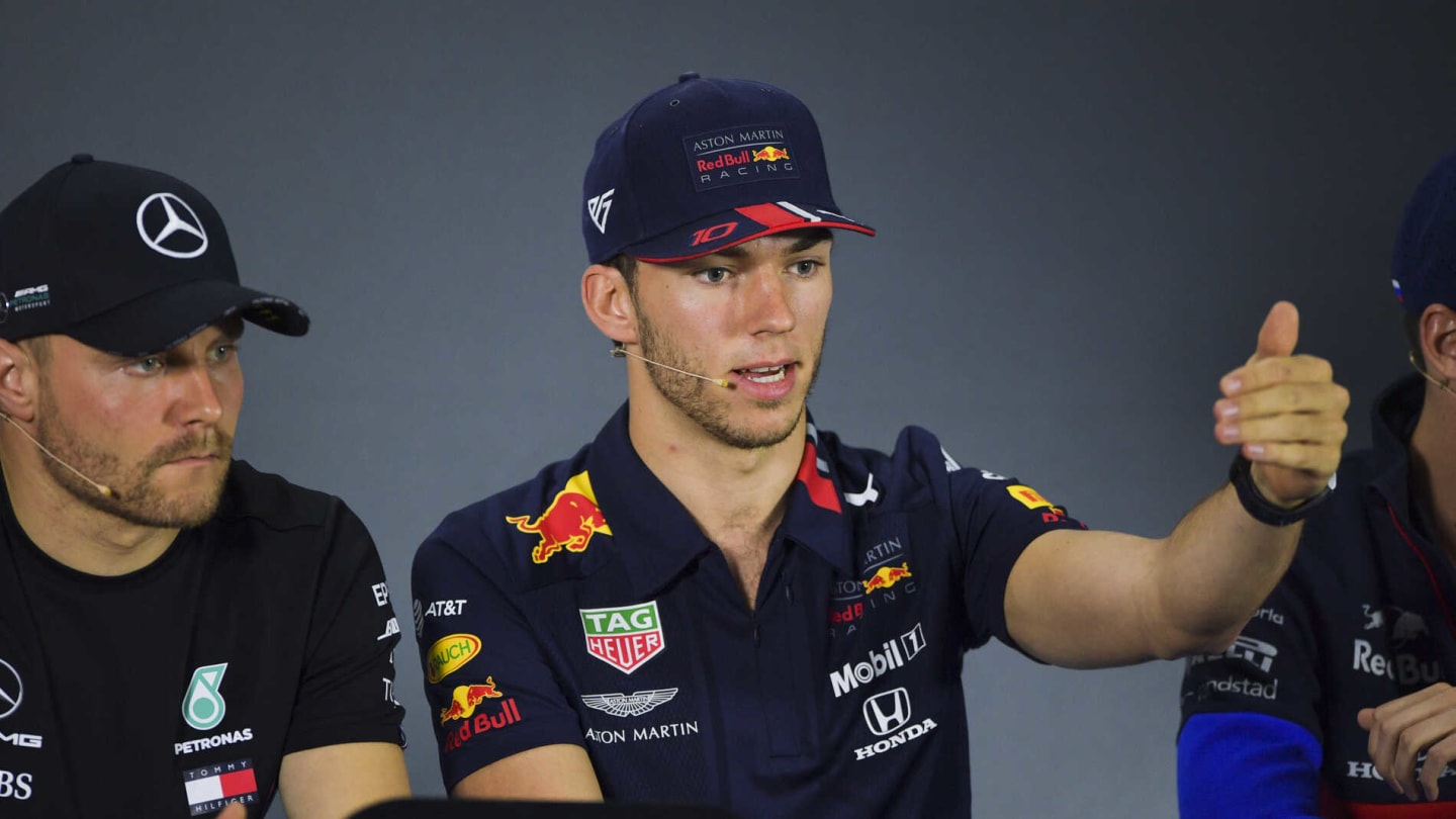BAHRAIN INTERNATIONAL CIRCUIT, BAHRAIN - MARCH 28: Valtteri Bottas, Mercedes AMG F1 and Pierre Gasly, Red Bull Racing in Press Conference during the Bahrain GP at Bahrain International Circuit on March 28, 2019 in Bahrain International Circuit, Bahrain. (Photo by Simon Galloway / Sutton Images)