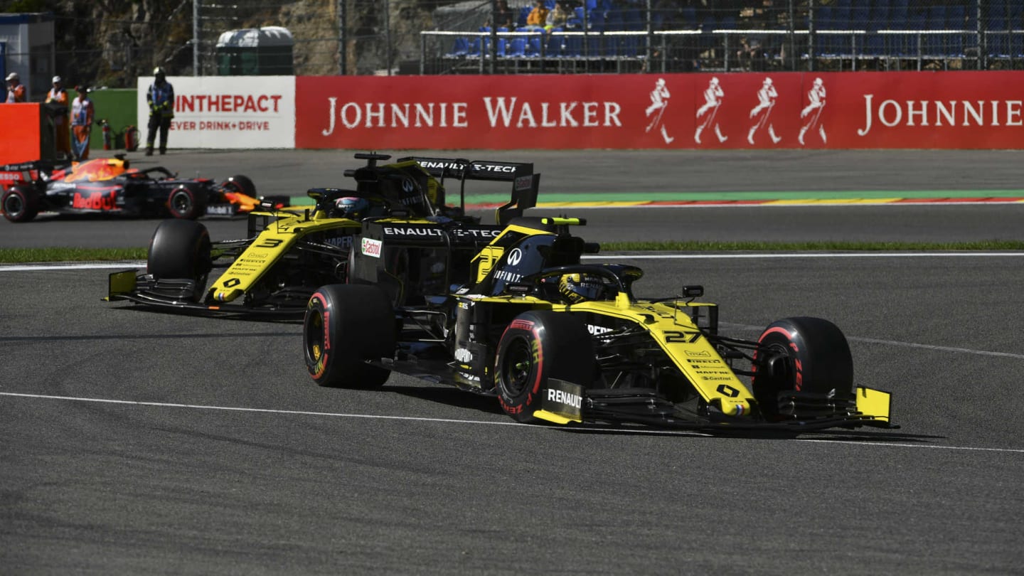 SPA-FRANCORCHAMPS, BELGIUM - AUGUST 30: Nico Hulkenberg, Renault R.S. 19, leads Daniel Ricciardo,