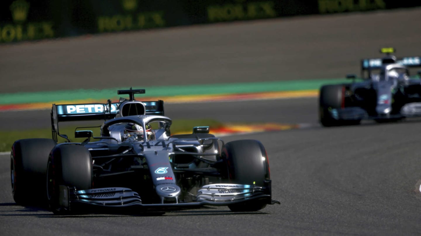 SPA-FRANCORCHAMPS, BELGIUM - AUGUST 31: Lewis Hamilton, Mercedes AMG F1 W10, leads Valtteri Bottas,