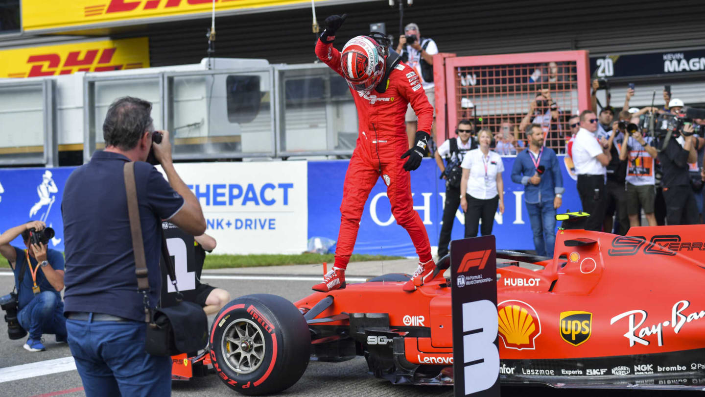 SPA-FRANCORCHAMPS, BELGIUM - AUGUST 31: Charles Leclerc, Ferrari, celebrates pole during the Belgian GP at Spa-Francorchamps on August 31, 2019 in Spa-Francorchamps, Belgium. (Photo by Jerry Andre / LAT Images)