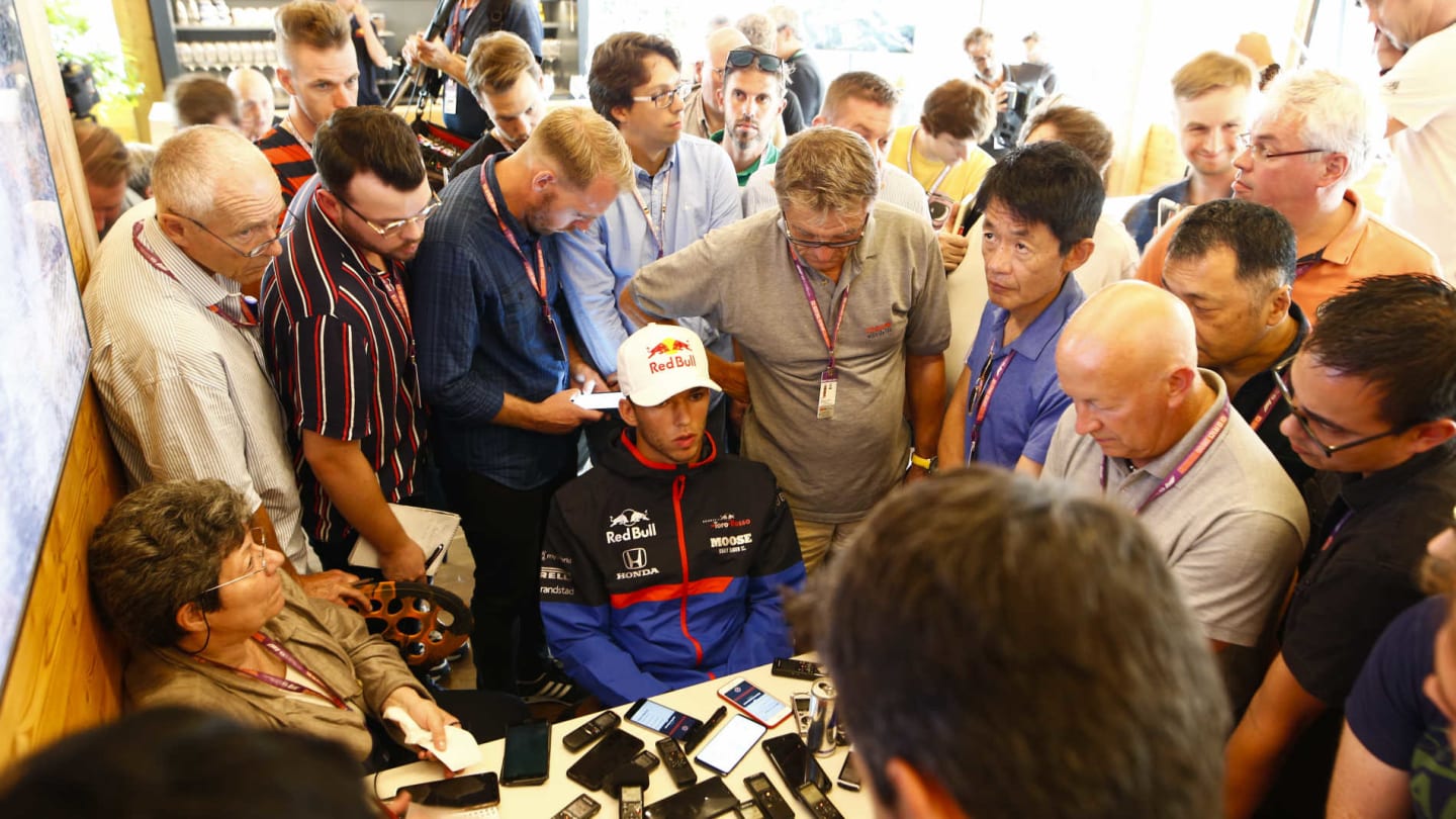 SPA-FRANCORCHAMPS, BELGIUM - AUGUST 29: Pierre Gasly, Toro Rosso, is grilled by media during the